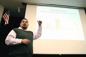 Sean Arce, former director of the Mexican American Studies (MAS) Program at the Tucson Unified School District, spoke about the ban on Ethnic Studies in Arizona in a packed lecture hall Oct. 30 at Northern Arizona University. Sean Arce, ex director del Programa los Estudios Mexicanos (MAS) para el Distrito Escolar Unificado de Tucson, se refirió a la prohibición de los estudios étnicos en Arizona en un auditorio lleno, el 30 de octubre en la Universidad del Norte de Arizona. Photo/foto: Frank X. Moraga / AmigosNAZ ©2013