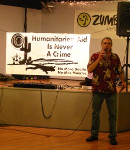 Robert Neustadt, professor of Spanish and director of Latin American Studies at Northern Arizona University, talks about the work of the border humanitarian group No More Deaths / No Mas Muertes during the “Dancing Across Borders” fundraiser for the group held in April 2013 at Tranzend Studio in Flagstaff. The fundraiser, and a variety of other immigration awareness activities, will return to the university and Flagstaff with the expanded “Immigration Awareness Month” in April. The program will include lectures, film screenings and other activities. AmigosNAZ file photo.