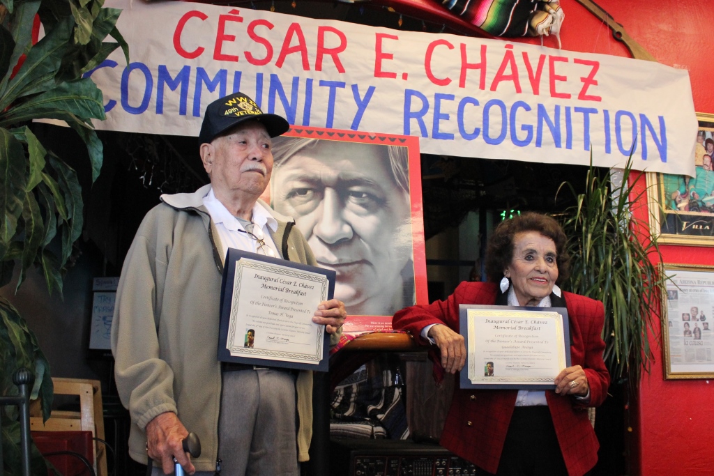 Guadalupe “Lupe” Anaya and Tomas H. Vega display their certificates of recognition at the inaugural “César E. Chávez Community Recognition Awards” presented by the Coconino Hispanic Advisory Council (CHAC). Photo by Eduardo Tapia ©2015