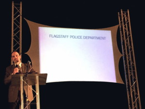 Flagstaff Police Department Chief Kevin Treadway presents information at the community school safety forum at Flagstaff High School on April 21, 2015. Photo by Frank X. Moraga / AmigosNAZ ©2015