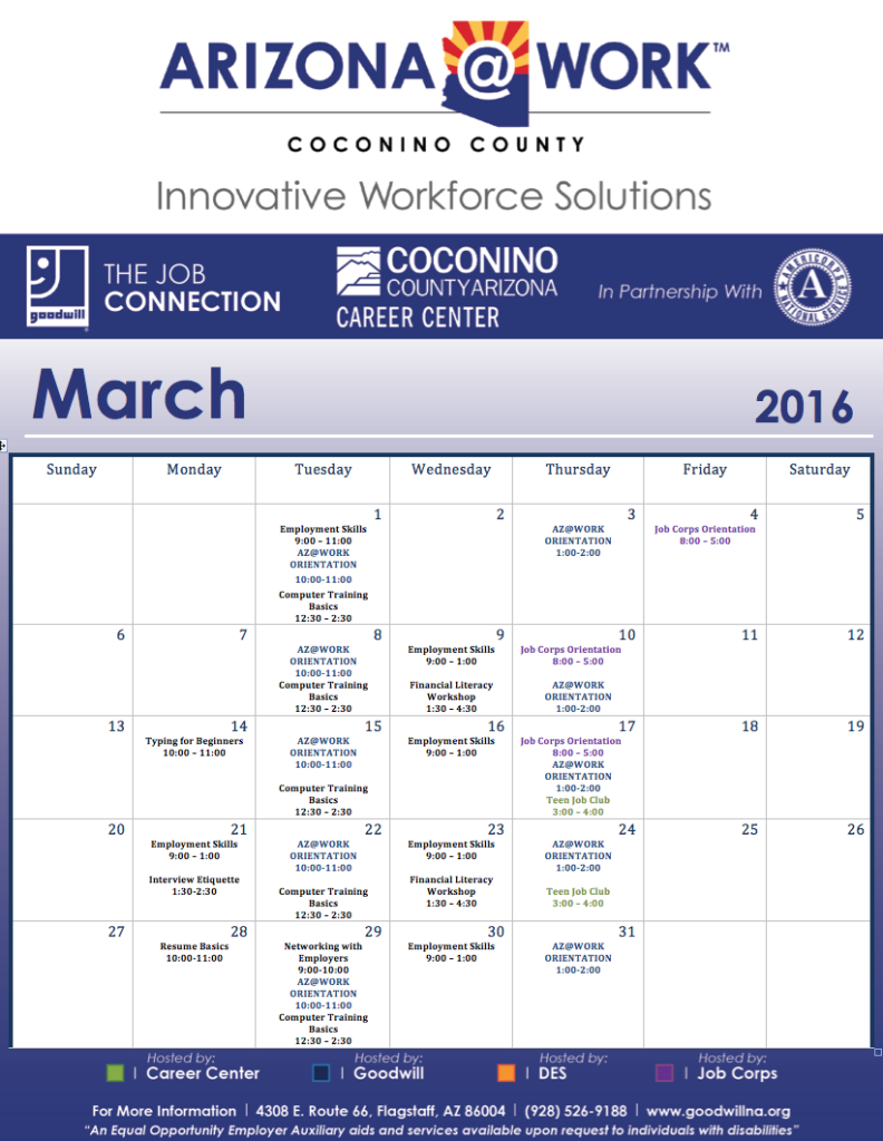 Flagstaff March Calendar 2016